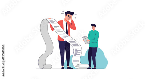 two individuals examine a long unfolding document as one worries and the other records notes in a stylized illustration about paperwork and planning.