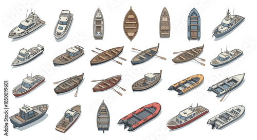 Colorful collection of small boats and large yachts lined up in rows displaying diverse wooden and fiberglass vessels at a busy marina.
