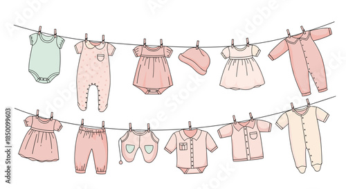Pastel baby clothing hangs on a clothesline forming a gentle row of tiny outfits including rompers dresses hats and booties perfect for a cozy nursery vignette.