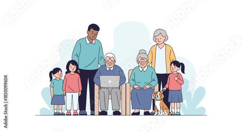 Multigenerational family gathers outdoors to share a moment of connection as grandparents use a laptop while younger relatives and a dog join the scene.
