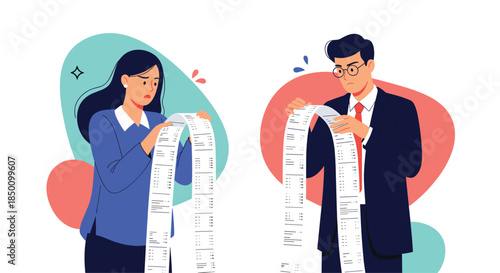 Two professionals study lengthy receipts and financial documents as they review expenses and analyze spending patterns during a busy workday.