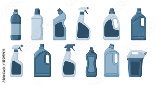 Collection of blue cleaning bottles and spray containers displayed in two rows against a white background highlighting household cleaning products.
