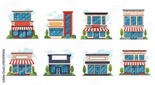 Colorful storefronts line a sunny street with modern glass fronts striped awnings and neatly trimmed shrubs along the sidewalks.