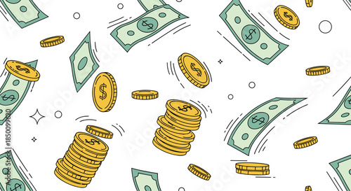 Lively illustration of scattered money with stacks of gold coins and waving dollar bills in motion representing financial growth and prosperity.