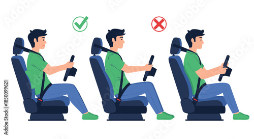 Three illustrations show a man in a car seat with varied postures and belt use to demonstrate correct and incorrect driving safety practices.