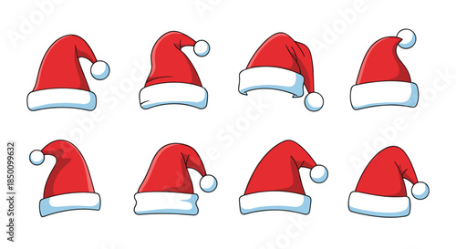 Eight red Santa hats with fluffy white trim and pom poms arranged in two neat rows on a plain white background for festive holiday decorations.