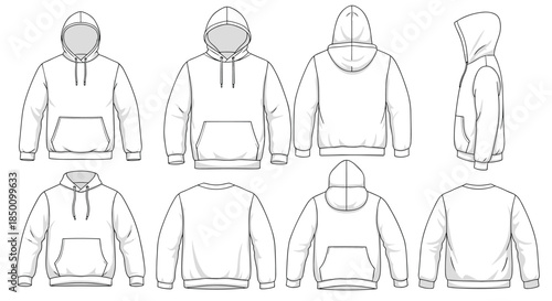 Set of technical hoodie illustrations displaying front back and side views for garment design pattern development and visualization in a clean vector style.