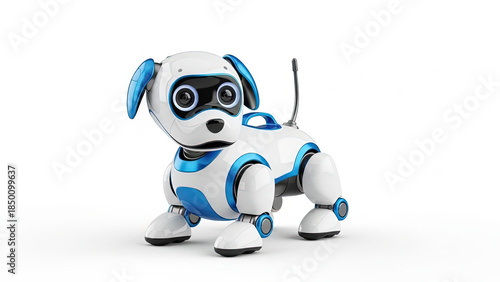 Sleek White and Blue Robot Dog, an Advanced AI Companion for the Future, Isolated on a Clean White