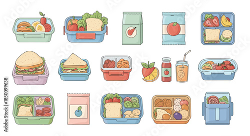 Colorful collection of lunchboxes and containers filled with sandwiches fruit vegetables drinks and snacks arranged in rows.