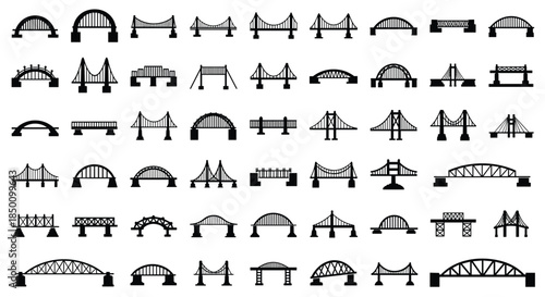 Diverse bridge silhouettes form an expansive gallery featuring arches suspension towers cables and spans to create a continuous urban skyline study.