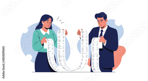 Two professionals compare and hold long receipts as they carefully review expenses and invoices for a rigorous upcoming financial audit and budget planning.