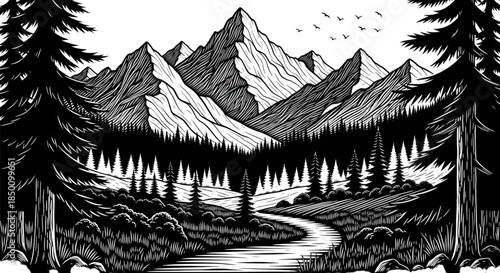 Hand Drawn Woodcut Mountain Landscape. Majestic Peaks, Pine Forest, and River. Monochrome Outdoor Adventure Design.