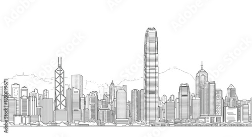 Detailed line drawing of a modern city skyline with tall skyscrapers and distant hills presented as a clean monochrome illustration.