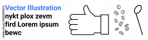 Financial growth, success, rewards, positivity, economy, celebration concept. Thumbs-up sign with coins and a balloon. Financial growth and success visualization in minimal style