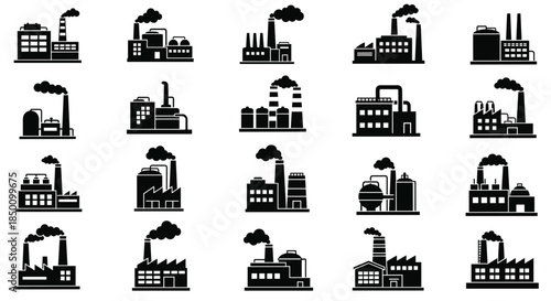 Industrial factory silhouettes with smokestacks form a dense grid across a monochrome skyline demonstrating manufacturing activity and industrial progress.