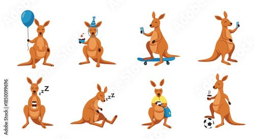 Eight cheerful kangaroos enjoy a sunny day with balloons a party hat selfie skateboard and relaxed poses in a playful colorful illustration.