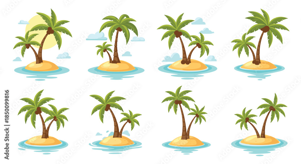Obraz premium Vibrant tropical scene showing a cluster of small islands with palm trees standing on sandy shores while turquoise water glistens around them under a sunny sky.