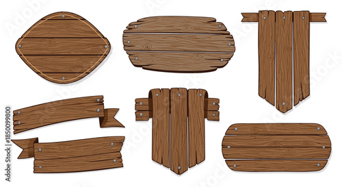 Wooden rustic signs and planks arranged in decorative shapes including shields banners and boards for a vintage farm tavern outdoor decor scene.