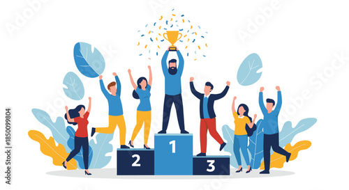 Diverse team stands atop a victory podium celebrating first place with a shining trophy while confetti rains down and colleagues cheer wildly.