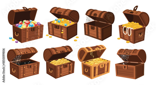 Row of old wooden treasure chests open to reveal gold coins and colorful gems spilling onto the wooden floor in a playful treasure haul scene.