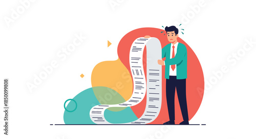 Man reviews a long receipt that unrolls across colorful abstract shapes in a modern illustration depicting expenses and paperwork.