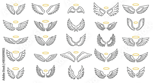 Grid of angel wings with golden halos forms a decorative repeating pattern in black outline across the image showing symmetrical pairs and graceful feathers.