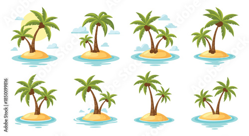Vibrant tropical scene showing a cluster of small islands with palm trees standing on sandy shores while turquoise water glistens around them under a sunny sky.