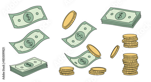 Money in motion shows cash in the air with scattered bills and tall coin stacks symbolizing wealth and everyday commerce and financial activity.