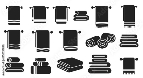 Vector silhouettes depict towels in stacks and rolls with folds and displays arranged for a bathroom linen set in a clean minimal composition.