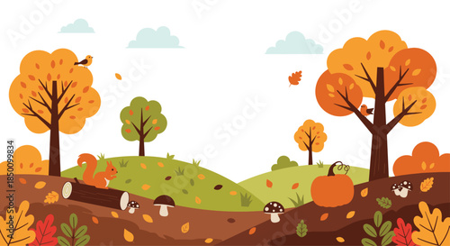 Bright autumn landscape with orange trees pumpkins falling leaves mushrooms and a curious squirrel on a gently sloping hill under a pale blue sky.