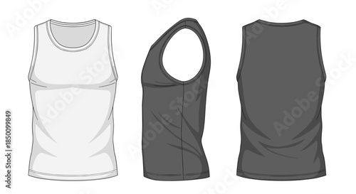 Three views of a sleeveless athletic tank top in white and dark gray showing front view side view and back view details for apparel design and product showcase.