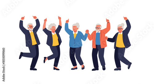 Six cheerful senior citizens dance together with raised arms celebrating friendship and joy in a lively scene full of movement and color.