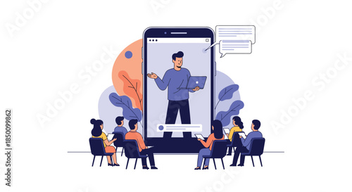 Presenter delivers a live lecture to a seated audience projected on a giant smartphone screen with chat bubbles and remote learning engagement.