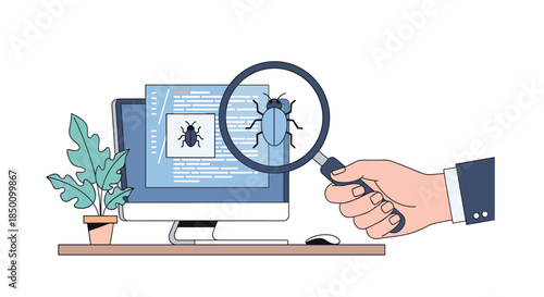 Tech specialist examines code on a computer screen with a magnifying glass revealing a bug and highlighting software debugging and cybersecurity investigation.