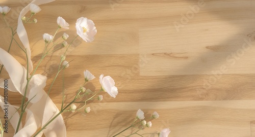 Delicate white flowers on a light wooden background