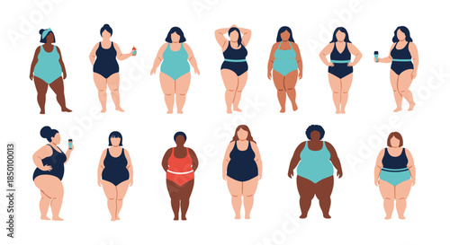 Diverse group of women with various body shapes wearing swimsuits and casual outfits pose together in a bright art celebrating body positivity and inclusion.