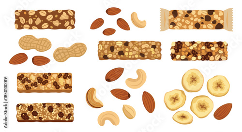 Assorted granola bars with almonds cashews and banana chips arranged with peanut clusters for a tasty crunchy healthy snack display.