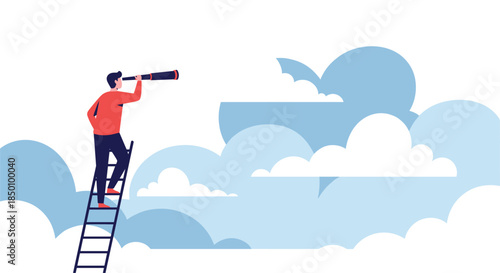 Dreamer on a ladder peers through a telescope toward the distant clouds and open sky inviting ideas and future possibilities.