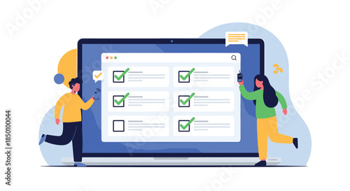 Two coworkers participate in completing a digital task checklist shown on a large laptop screen as checkmarks appear beside each item while they cheerfully assist.