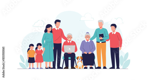 Cheerful multigenerational family portrait outdoors featuring grandparents and parents and children and a friendly dog gathered together in a bright park.