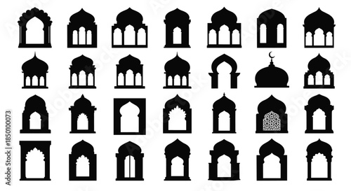 Collection of silhouetted architectural arches and windows arranged in a precise grid showing domed shapes and ogee profiles from traditional design.