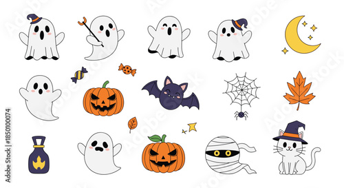 Playful collection of Halloween icons including ghosts pumpkins bats mummies witches spiders webs moon and colorful fall leaves in a cheerful illustration.
