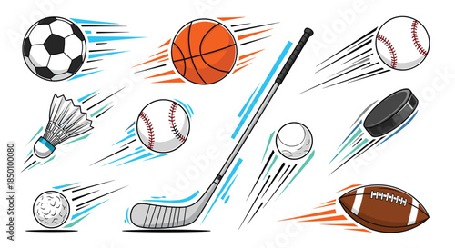 Dynamic sports collage shows a variety of balls and gear in motion including soccer ball tennis ball shuttlecock hockey stick and American football.