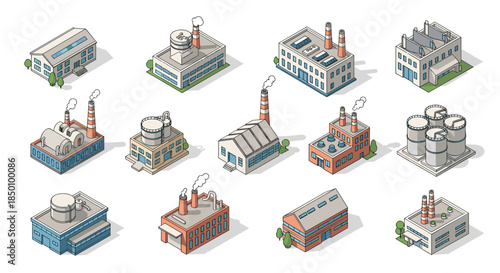 Isometric illustration of diverse industrial factories and plants with smokestacks in a scattered grid of buildings and urban facilities.