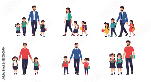 Diverse families and parents walking with children of different ages in a sunny outdoor scene shown across several colorful illustrations.