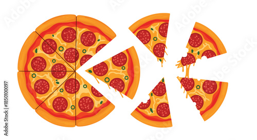 Delicious pepperoni pizza sits intact on the left while scattered slices stretch outward creating a dramatic fragmented display that suggests breakage.