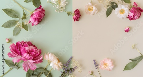 Vibrant flowers arranged on pastel green and beige background