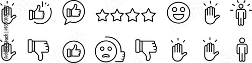 User feedback interaction icon set featuring thumbs up down stars emotions satisfaction approval gestures line vector illustration modern design style