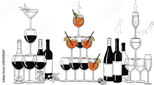 Stylish black and white illustration of various beverage towers featuring wine, cocktails, and champagne glasses