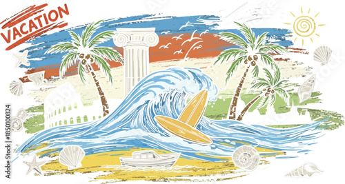 Vibrant chalk style vector illustration capturing a tropical surf vacation adventure with ancient ruins and ocean waves